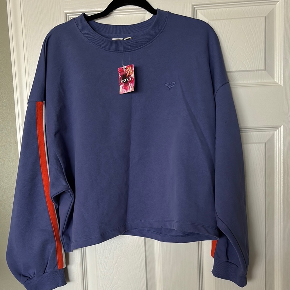 Roxy Blue Sweatshirt with Orange Stripes. Size L